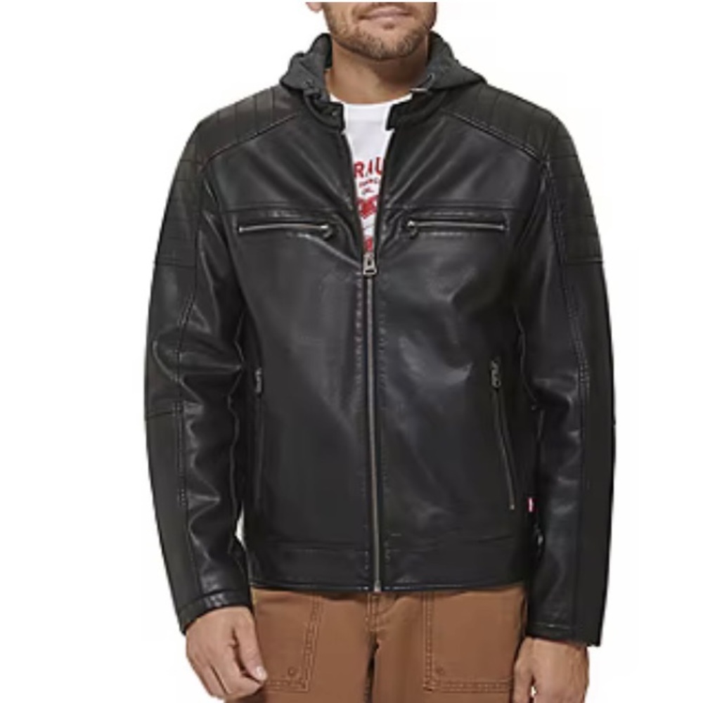 Levi's Mens Faux Leather Hooded Racer Jacket In Black… Gem